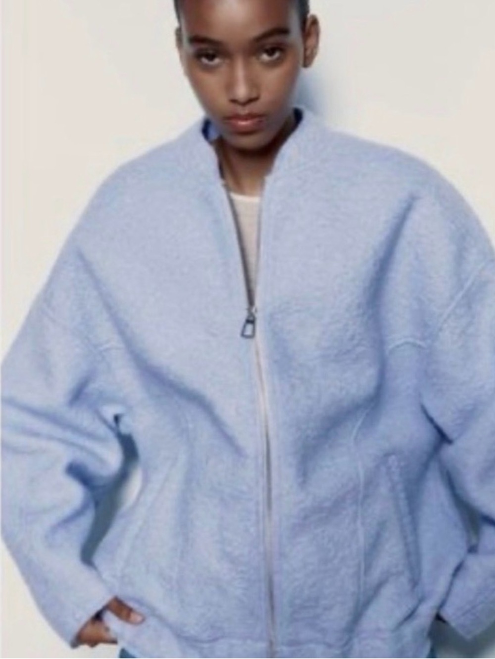 Zara Pale Blue oversized Teddy Zip bomber Jacket small - Picture 8 of 9